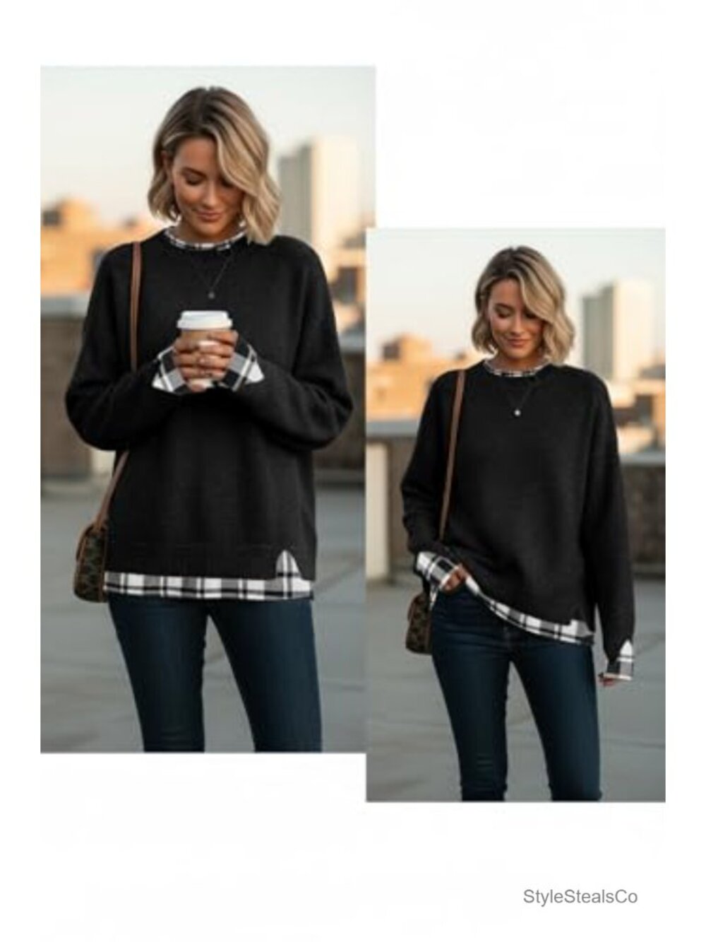 Women's Oversized Cut-Out Sweater Crew Neck Drop Shoulder Ribbed Knit - Picture 2 of 5